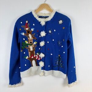 VTG! Berek Blue Reindeer Christmas Ugly Sweater‎ Cardigan Women S Classic